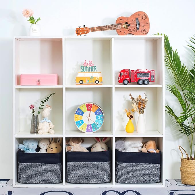 MINTWOOD Design 3-Pack Storage Baskets for Shelves, Playroom and Classroom, Book Basket, Decorative Storage Cube Bins, Woven Closet Organizers, Pantry and Shoe Organizer, Navy Blue