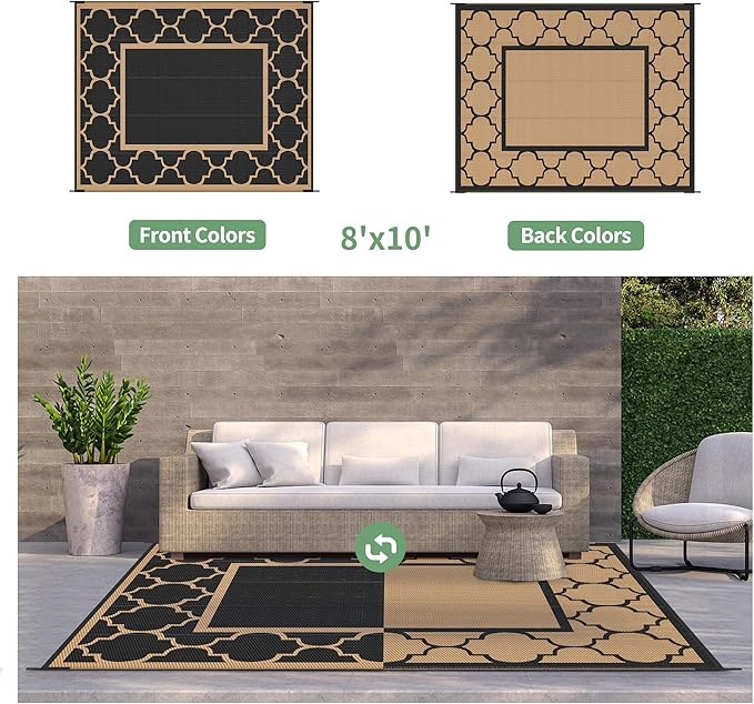 GENIMO Outdoor Rug 8' x 10' Patio Waterproof, Foldable Reversible Plastic Straw Area Rugs Mat for Camper Decor, Outside Carpet for Rv, Deck, Porch, Picnic, Beach, Balcony, Black & Brown