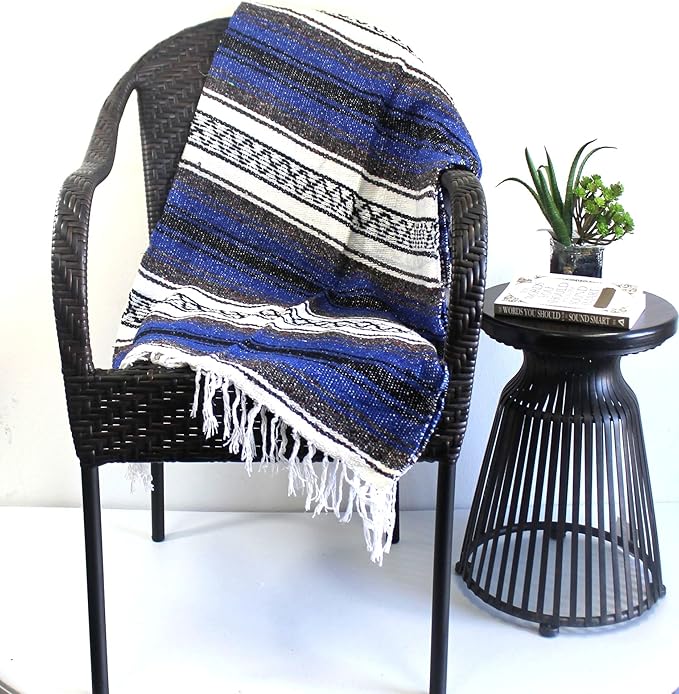 Del Mex Classic Mexican Blanket, Large Authentic Woven Falsa Throw (70"x50"), Artisan Southwest Décor for Beach, Yoga, Outdoors (Blue)