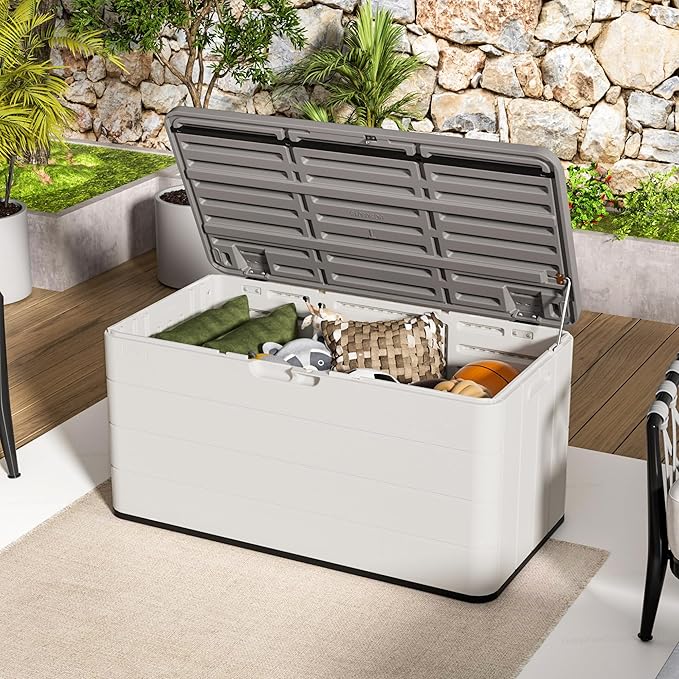 100 Gallon Plus Resin Deck Box, Waterproof Outdoor Storage Bin for Patio Furniture, Pool Accessories, and Garden Tools, Lockable & UV-Resistant, White