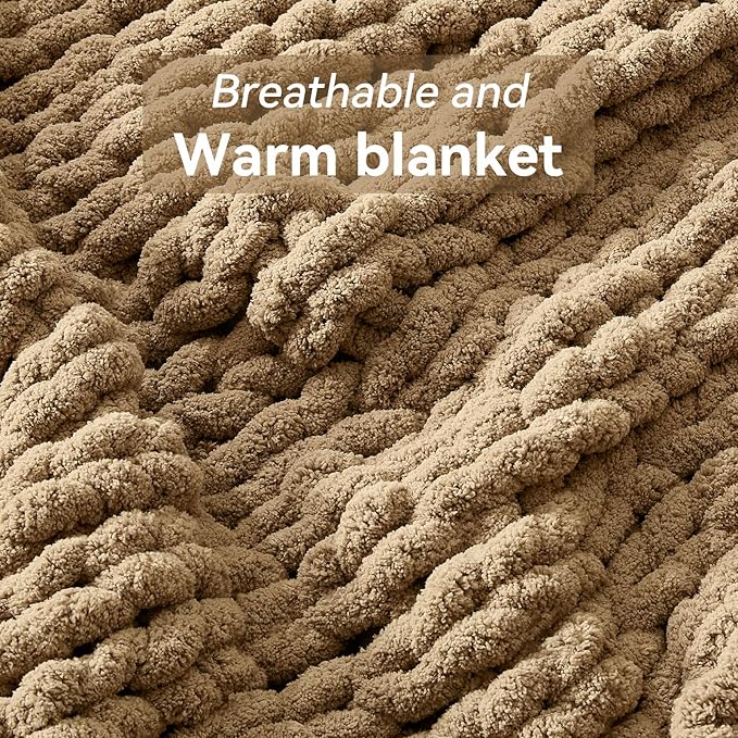 Chunky Knit Throw Blanket, 40''*50'' Knitted Throw Chenille Yarn for Bed Couch, Handmade Light Brown Crochet Big Thick Blanket, Machine Washable Cute Comfy Blanket for Home Decor