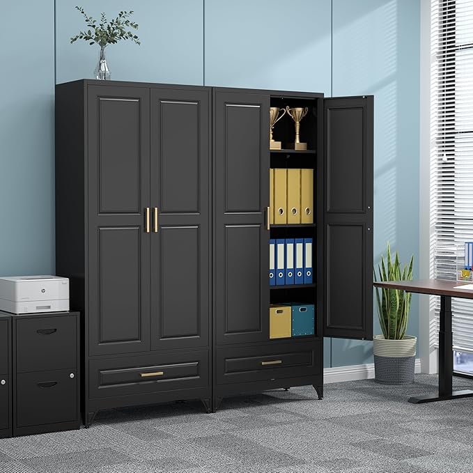75" Kitchen Pantry Cabinet with Drawer, Metal Storage Cabinets with Doors and Adjustable Shelves, Black Tall Pantry Cabinet for Dinning Living Room, Home Office