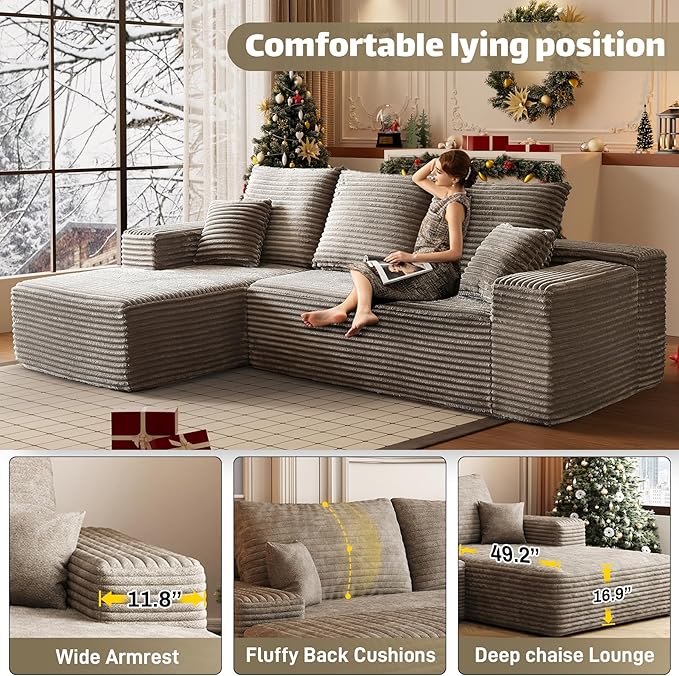 HYJT-H&K Modular Sectional Sofa Cloud Couch, 107" Comfy L Shaped Sectional Couches for Living Room, Deep Seat Memory Foam Plush Fluffy Corduroy Boneless Couch Sectionals Left Facing Sofa Chaise Brown