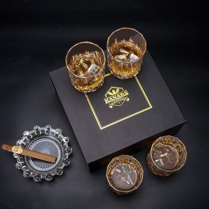 KANARS Old Fashioned Whiskey Glasses with Luxury Box - 10 Oz Rocks Barware For Scotch, Bourbon, Liquor and Cocktail Drinks - Set of 4 - Men Gift