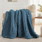 Carriediosa Chunky Knit Throw Blanket 50" X 60", 100% Hand Made Large Chenille Loop Yarn Soft Fluffy Throws for Couch Sofa Bed, Big Crochet Cozy Heavy Thick Cable Woven Blankets, Lyons Blue