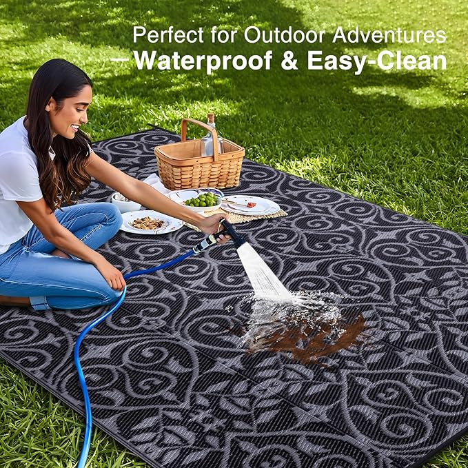 OLANLY Outdoor Rug Waterproof 6x9 ft Clearance, Reversible Outdoor Plastic Straw Rug with Floral Pattern, RV Mat for Patio, Camping, Balcony, Deck, Backyard, Black & Grey