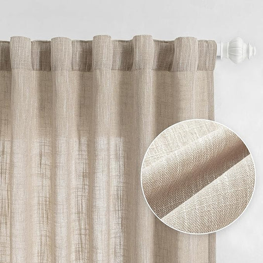 MYSKY HOME Living Room Curtains for Windows, Linen Look Texture Semi Sheers Boho Drapes Extra Long Floor Length Curtain Panels Soft Cotton Fabric, 50 x 108 Inch, Light Oatmeal, 2 PCs