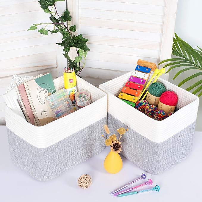MINTWOOD Design 3-Pack Storage Baskets for Shelves, Playroom and Classroom, Book Basket, Decorative Storage Cube Bins, Woven Closet Organizers, Pantry and Shoe Organizer, Grey