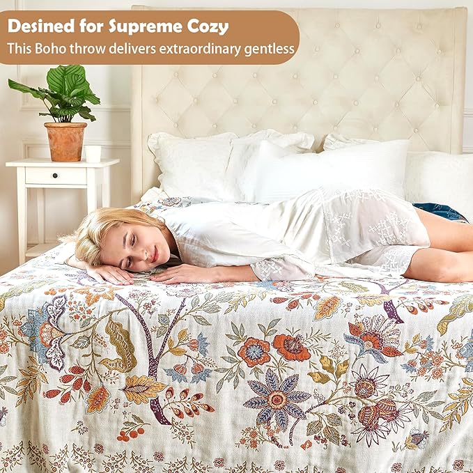 Boho Throw Blanket, 100% Organic Cotton Breathable Ultra Soft Bed Quilt Throw - All Season Floral Bird Butterfly Farmhouse Decor Blanket for Sofa Couch Chair and Gift. 60" x 80"