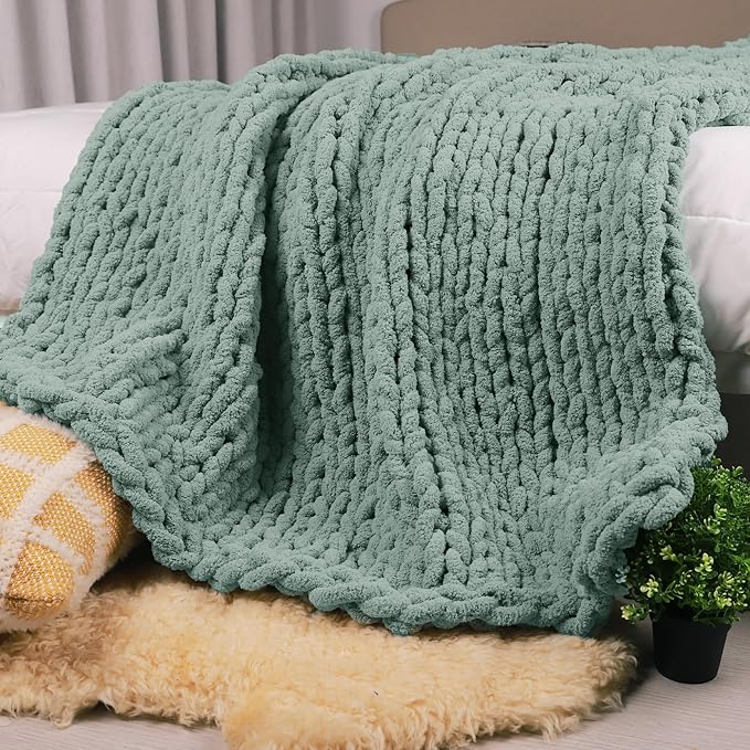 Carriediosa Chunky Knit Throw Blanket 50" X 60", 100% Hand Made Large Chenille Loop Yarn Soft Fluffy Throws for Couch Sofa Bed, Big Crochet Cozy Heavy Thick Cable Woven Blanket, Sage Green