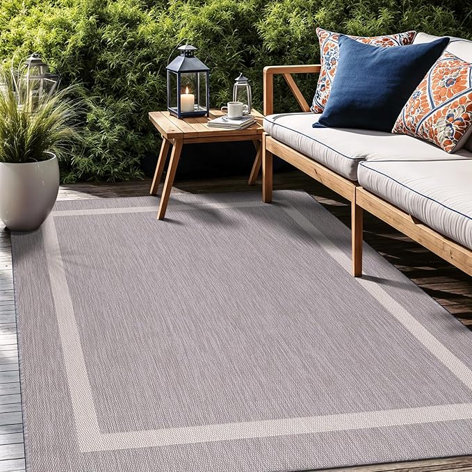 Bordered Outdoor Rug 5x7 Washable Outside Carpet for Indoor Patio Porch Waterproof Easy Cleaning Non Shedding Area Rugs Gray 5 x 7