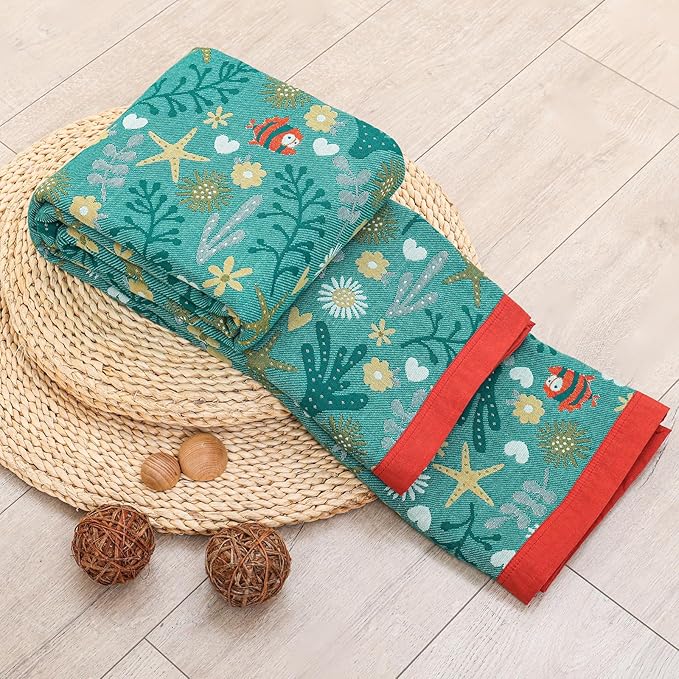 Boho Throw Blanket, 100% Organic Cotton Skin-Friendly Breathable Ultra Soft Bed Quilt Throw - All Season Blue & Red FishFarmhouse Decor Blanket for Sofa Couch Chair and Gift. 60" x 80"