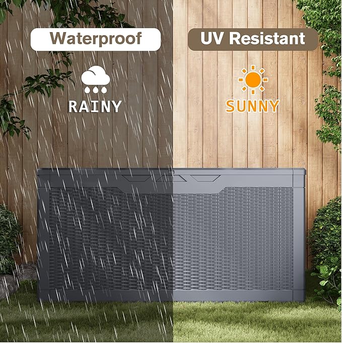JUMMICO 100 Gallon Resin Deck Box, Waterproof Outdoor Storage Box with Lockable Lid for Garden Tools, Patio Cushions (Gray)