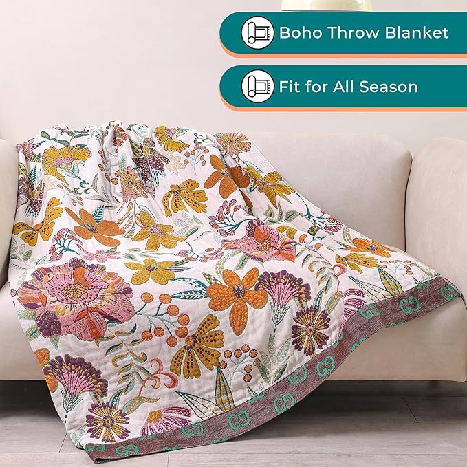 Boho Rustic Throw Blanket,100% Cotton Soft Vintage Bed Throw Blankets Floral Farmhouse Decor Throws,Reversible Throw for Sofa Couch, 60"×80" for All Seasons -White