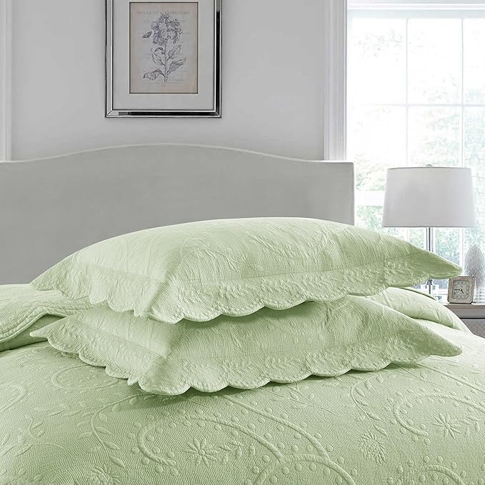 MarCielo 3-Piece 100% Cotton Oversized Bedspread Lightweight Quilt Coverlet Embroidery Farmhouse Bedding Set (TX Pale Green, Oversized Queen (100"x106"))