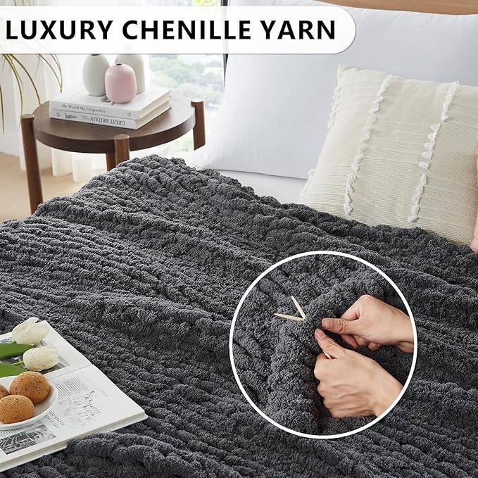 L'AGRATY Chunky Knit Blanket Throw: 72''x84'' Chenille Chunky Knitted Throw Blanket for Bed Couch - Handmade Thick Big Cable Knit Blanket - Large Chunky Crochet Blanket for Home Decor(Dark Grey)