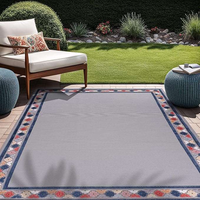 Beverly Rug Outdoor Rug 5x7 Modern Bordered Area Rugs for Indoor and Outdoor Patio Easy to Clean Non Shedding Living Room Porch Garden Washable Outside Carpet (5 x 7 Gray)