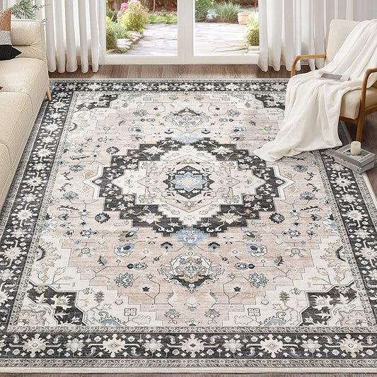 Washable Area Rugs for Living Room - 9x12 Neutral Vintage Distressed Floral Farmhouse Boho Large Soft Floor Rug Indoor Non Slip Carpet for Bedroom Dining Room Office - Pink/Dark Green
