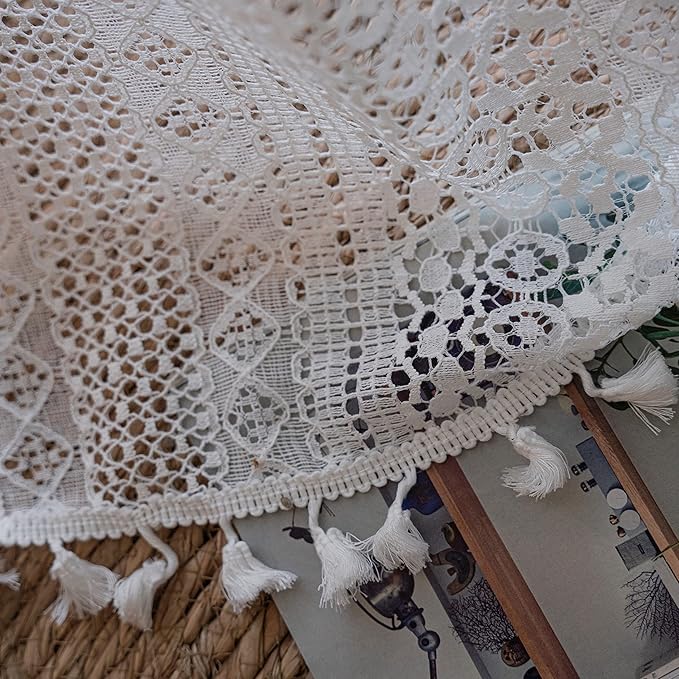 Sutuo Home Boho Sheer Curtain Valance Crochet Lace with Bohemian Hollow Knitted Handmade Tassels, Short Farmhouse Window Treatment for Kitchen Cafe, Rod Pocket, 1 Panel 59" W x 24" L, White