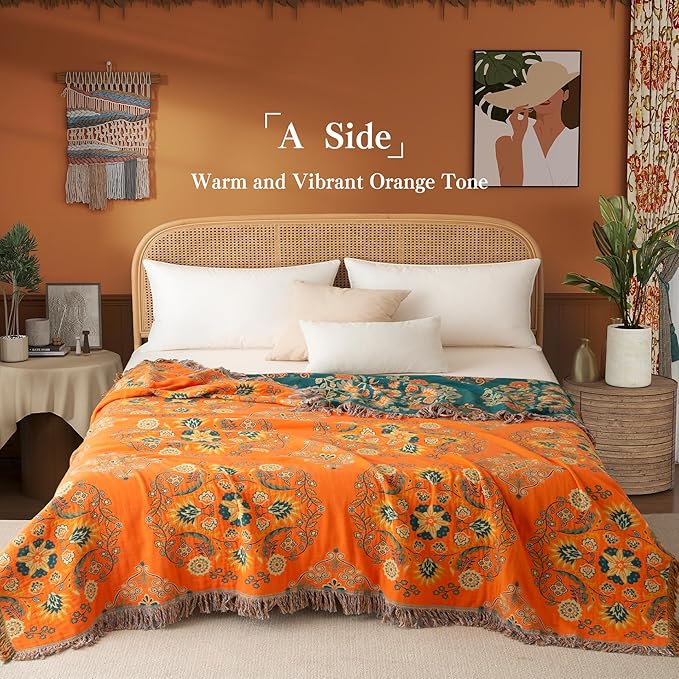 Boho Throw Blanket Full Size, Extra Large Soft Cozy Cotton Muslin Quilt Blanket for Bed Decor, Floral Patterned Couch Sofa Chair Cover, Vintage Farmhouse Cottage Woven Blanket, Orange&Green
