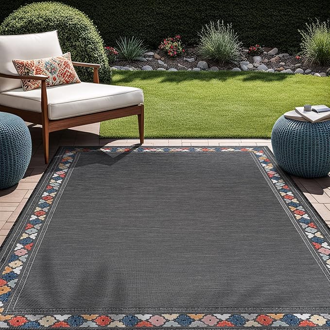 Beverly Rug Outdoor Rug 5x7 Modern Bordered Area Rugs for Indoor and Outdoor Patio Easy to Clean Non Shedding Living Room Porch Garden Washable Outside Carpet (5 x 7 Dark Gray)