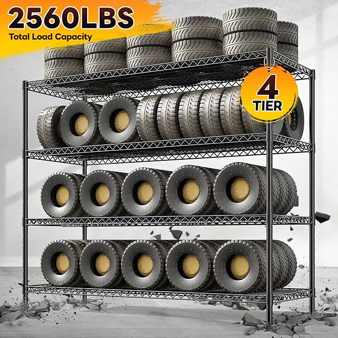REIBII 2560LBS Storage Shelves 55.5"W Metal Shelving Unit 4 Tier Wire Shelving Commercial Adjustable Garage Shelving Heavy Duty for Storage Rack for Pantry, Garage, Kitchen,55.5"W x 18"D x 55.5"H,2PCS