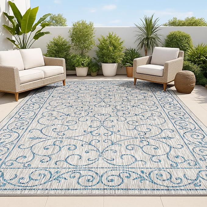 JONATHAN Y Vintage Filigree Indoor Outdoor Area Rug 3X5 Gray/Navy, Charleston Textured Weave for Backyard, Patio, Porch, Easy-Cleaning, High Traffic, Pet-Friendly, Non-Shedding (SMB106C-3)