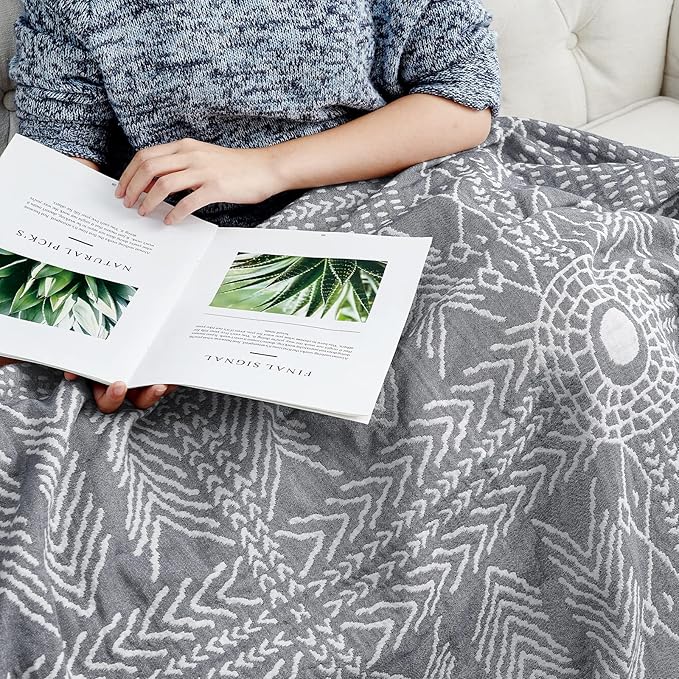 JINCHAN Boho 100% Cotton Muslin Blanket 3-Layer Twin Size Geometric Lightweight Reversible Soft Cozy Throw for Couch Sofa Bed All Season Coverlet Ideal Gift Bedroom Living Room Decor Grey 60x80 Inches