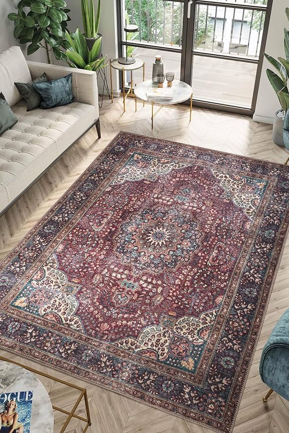 Keen Home Design 6x9 Rug - Machine Washable Area Rug with Non-Slip Backing, Ideal for Living Room, Dining Room, Bedroom - Vintage, Easy Clean, Durable, Low Pile Rug - (6' x 9')