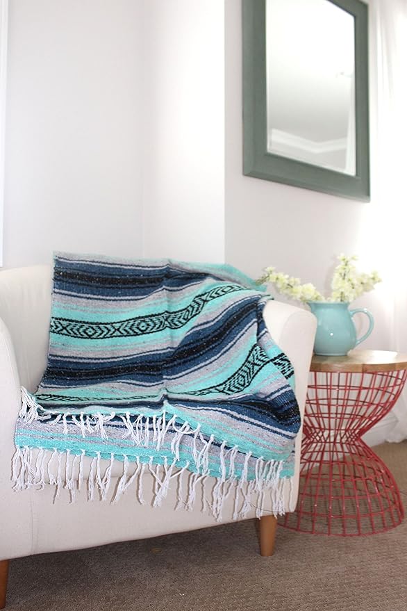 Del Mex Classic Mexican Blanket, Large Authentic Woven Falsa Throw (70"x50"), Artisan Southwest Décor for Beach, Yoga, Outdoors (Navy/Mint)