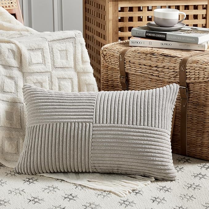Fancy Homi 2 Packs Neutral Grey Lumbar Decorative Throw Pillow Covers 12x24 Inch for Living Room Couch Bed Sofa, Farmhouse Home Decor, Soft Striped Corduroy Rectangle Accent Cushion Case 30x60 cm