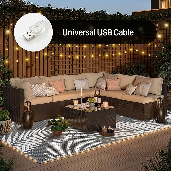 GENIMO Outdoor Rug 6' x 9' Waterproof for Patios Clearance, Reversible Outdoor Plastic Straw Camping Rug Carpet with LED String Light, Area Rugs Mats for RV, Camper, Deck, Balcony, Porch, Grey&White