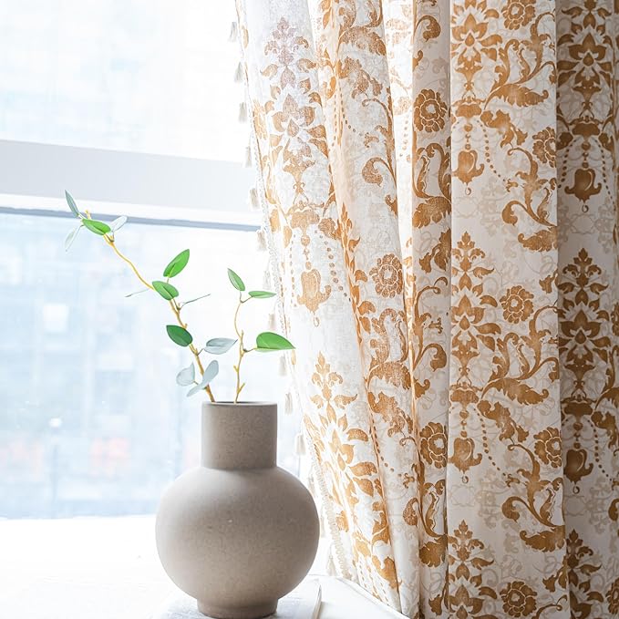 Sutuo Home Boho Curtains for Bedroom Living Room 96 Inches Length Long, Printing Moroccan Cotton Linen Rod Pocket Vibe Farmhouse Bohemian Tassels Window Treatment, 1 Panel 59" W x 96" L, Brown Damask