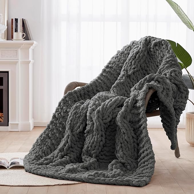 Chunky Knit Blanket Throw - 100% Hand Knitted Chunky Throw Blanket for Couch, Thick and Warm Blanket for Winter, Dark Grey, 50x60 Inches