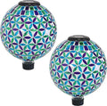 Sunnydaze Cool Blooms 10" Mosaic Glass Garden Gazing Globe with LED Solar Light - Set of 2