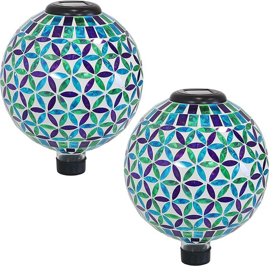 Sunnydaze Cool Blooms 10" Mosaic Glass Garden Gazing Globe with LED Solar Light - Set of 2