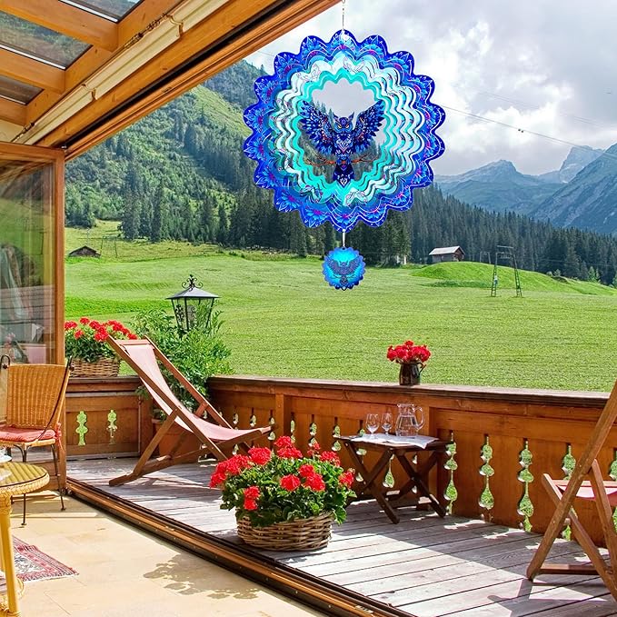 Owl Gifts for Women Men, Owl Hanging Wind Spinners Outdoor, 12Inch 3D Stainless Steel Reflective Wind Spinners Garden Decor