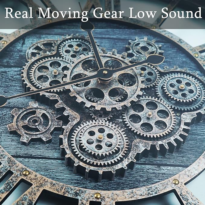 30 Inch Industrial Steampunk Wall Clock, Gray, Battery Operated, Real Rotating Gears, Solid Wood Frame, Oversized Wall Clock for Living Room Decor