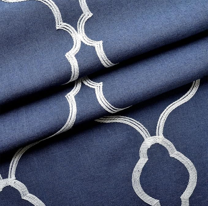 MIUCO Moroccan Embroidery Semi Sheer Curtains Faux Linen Grommet Window Curtains for Living Room 52 x 63 Inch 2 Panels, Navy Blue