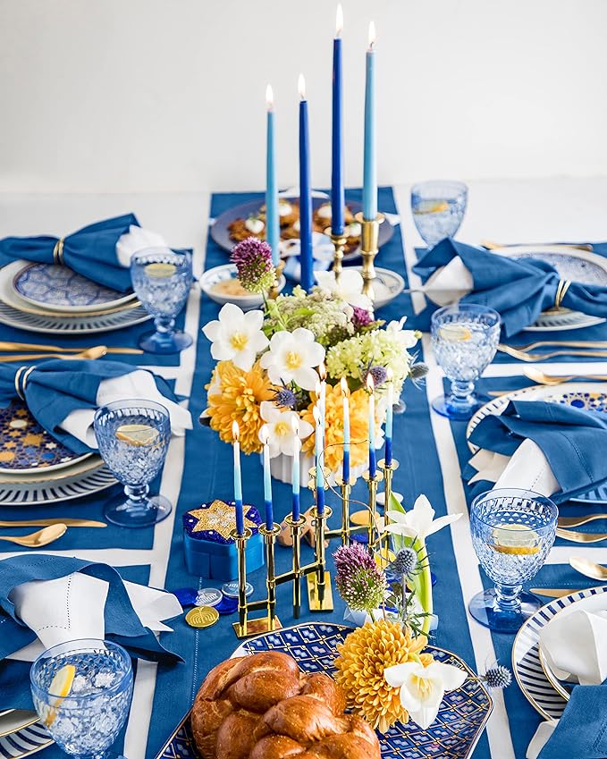 Solino Home Linen Hemstitch Table Runner 120 Inches Long - 100% Pure Linen Indigo Blue Table Runner 14 x 120 Inch for Fall, Autumn - Classic Hemstitch