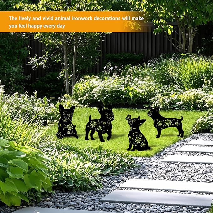 4 Pack Bulldog Metal Garden Decorative Stakes, Weather Proof Puppy Silhouette Statues for Yard, Patio,Outdoor Decor for Bulldog Lovers and Pet Owners