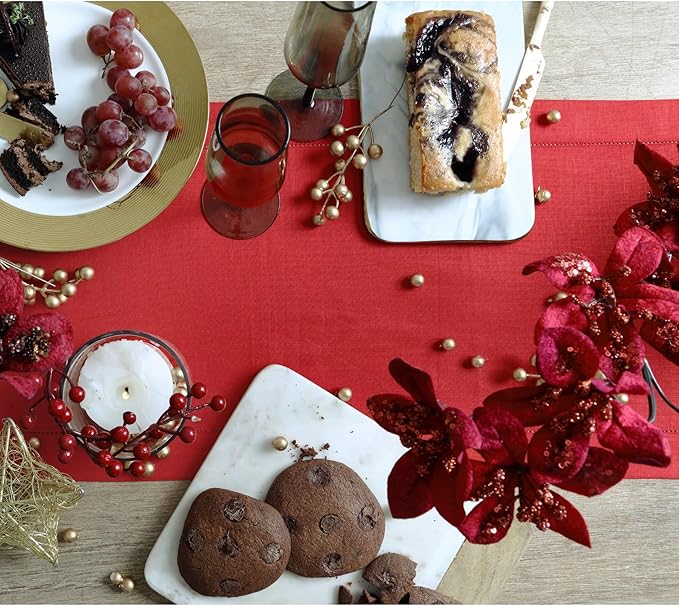 Solino Home Linen Red Table Runner 48 Inches - Classic Hemstitch, 100% Pure Linen Coffee Table Runner 14 x 48 Inch Ideal for Dresser Tables