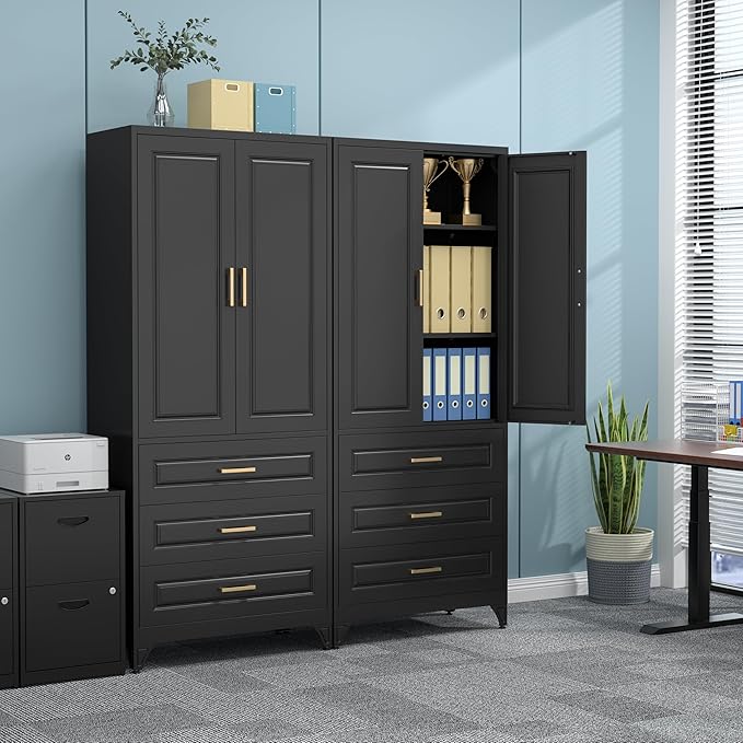 75" Kitchen Pantry Cabinet, Metal Storage Cabinets with Doors and Adjustable Shelves, Black Tall Pantry Cabinet with 3 Drawers for Dinning Living Room