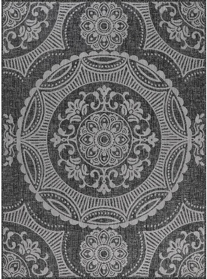 Medallion Outdoor Rug 10x14 Washable Outside Carpet for Indoor Patio Porch Waterproof Easy Cleaning Non Shedding Area Rugs Dark Gray 10 x 14