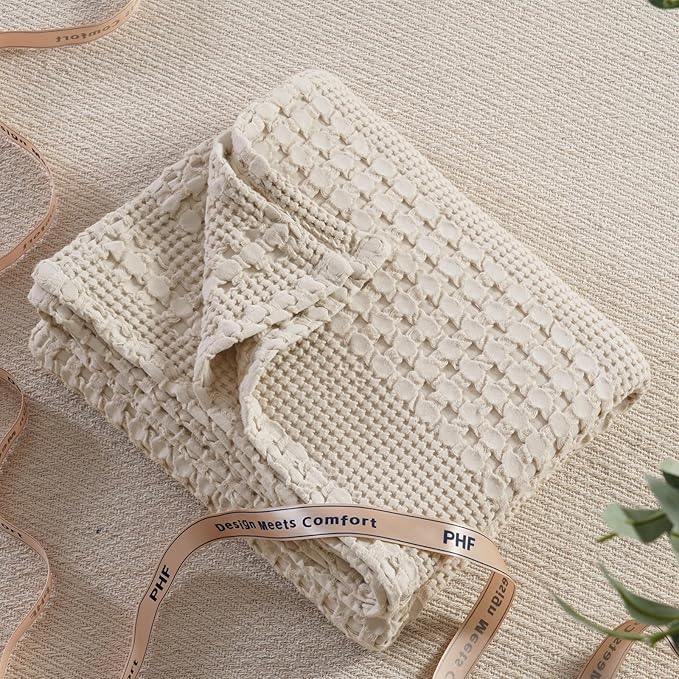 PHF 100% Cotton Waffle Weave Throw Blanket, Soft Lightweight Breathable Cozy Summer Throws for Couch Bed Sofa, Luxury Aesthetic Woven Blanket for Home Decor & Office, 50"x60", Oatmeal