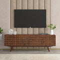 NTC Sapa Mid-Century Modern Solid Wood TV Stand 4-Door Media Console with Carved Geometric Fronts for TVs up to 75", Effortless Assembly, Dark Walnut