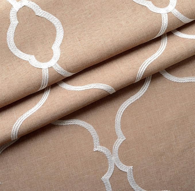 MIUCO Moroccan Embroidered Semi Sheer Curtains Faux Linen Grommet Curtains for Living Room 52 x 84 Inch 2 Panels Set, Taupe