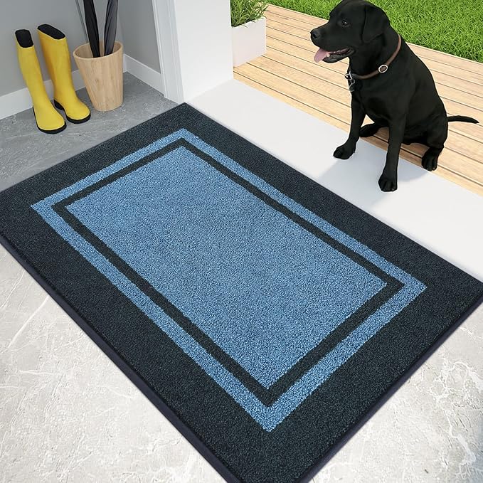 PURRUGS Dirt Trapping Door Mat 24" x 36", Non-Slip/Skid Machine Washable Entryway Rug, Shoes Scraper, Area Rug, Super Absorbent Welcome Mat for Muddy Wet Shoes and Paws, Light Blue & Navy