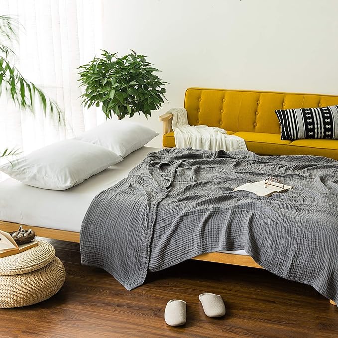 EMME Cotton Blanket Queen Size for Bed Soft Large Muslin Bed Blankets 90"*90" Lightweight Breathable Grey Blanket All Season Gauze Blanket, Grey