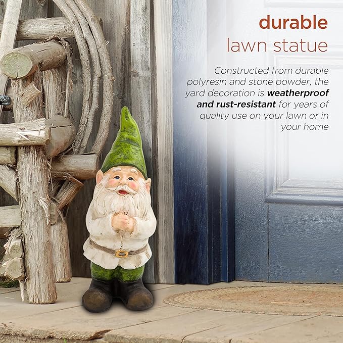 Alpine Corporation - 12" Tall Outdoor Garden Gnome Yard Statue Decoration – Playful Resin Gnome with Earthtone Colors - Durable, Weatherproof Lawn Sculpture for Patio, Deck, Yard